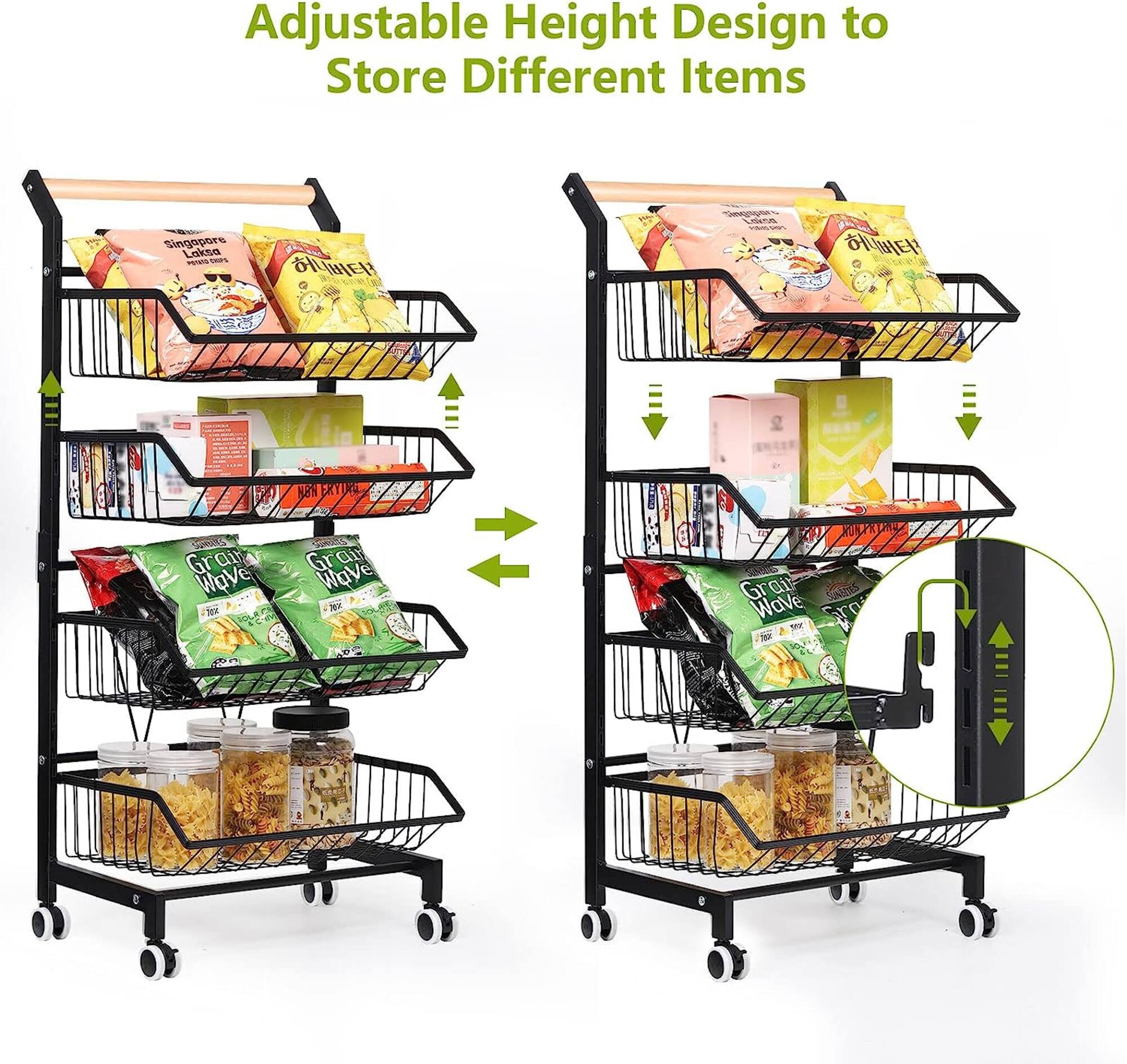 Black 4 Tier Fruit Vegetable Storage Basket Rolling Cart